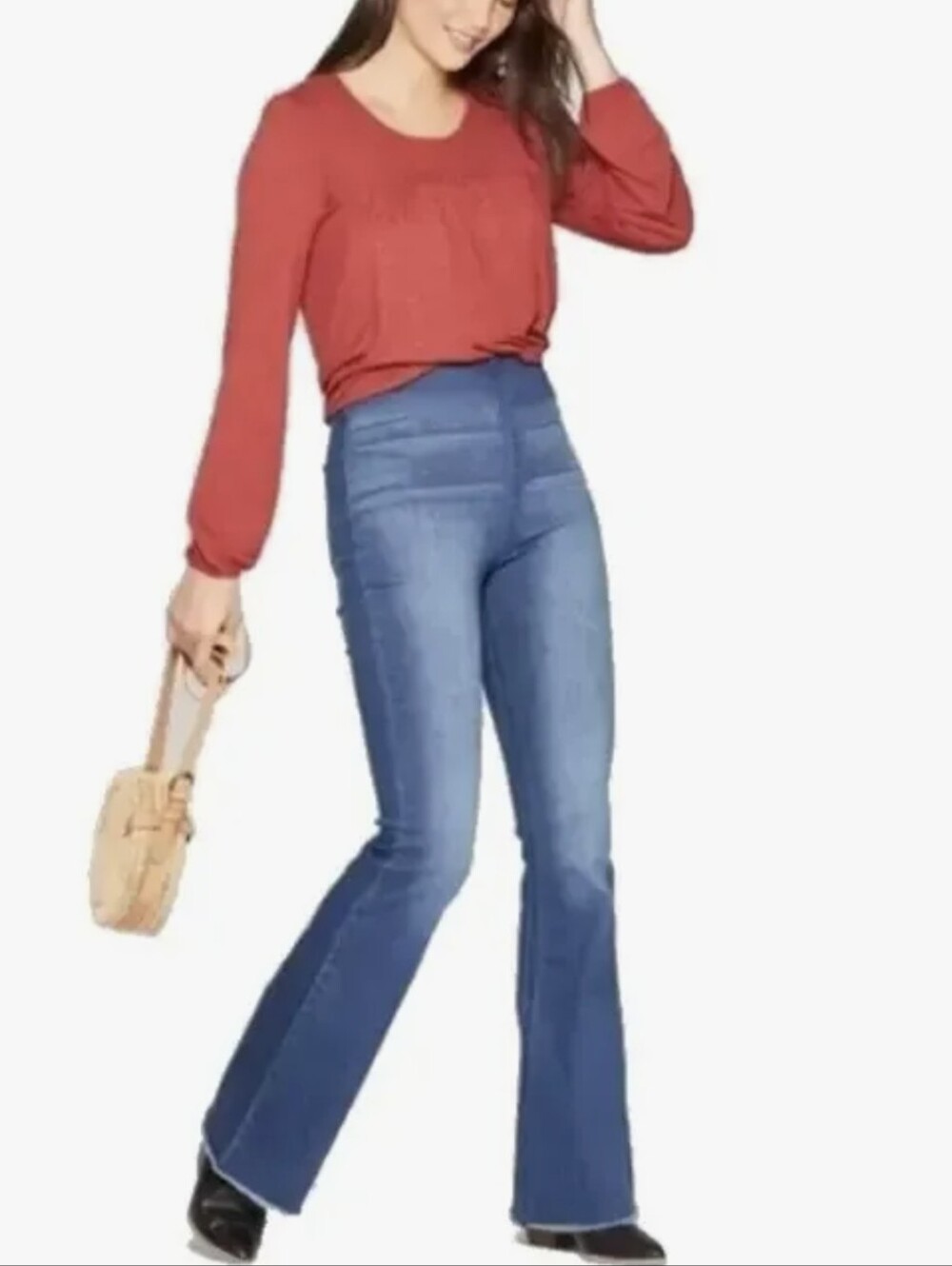 Knox Rose Light Blue Flared Jeans Pull-On Elastic Waist Sz 8 Raw Hem Boho